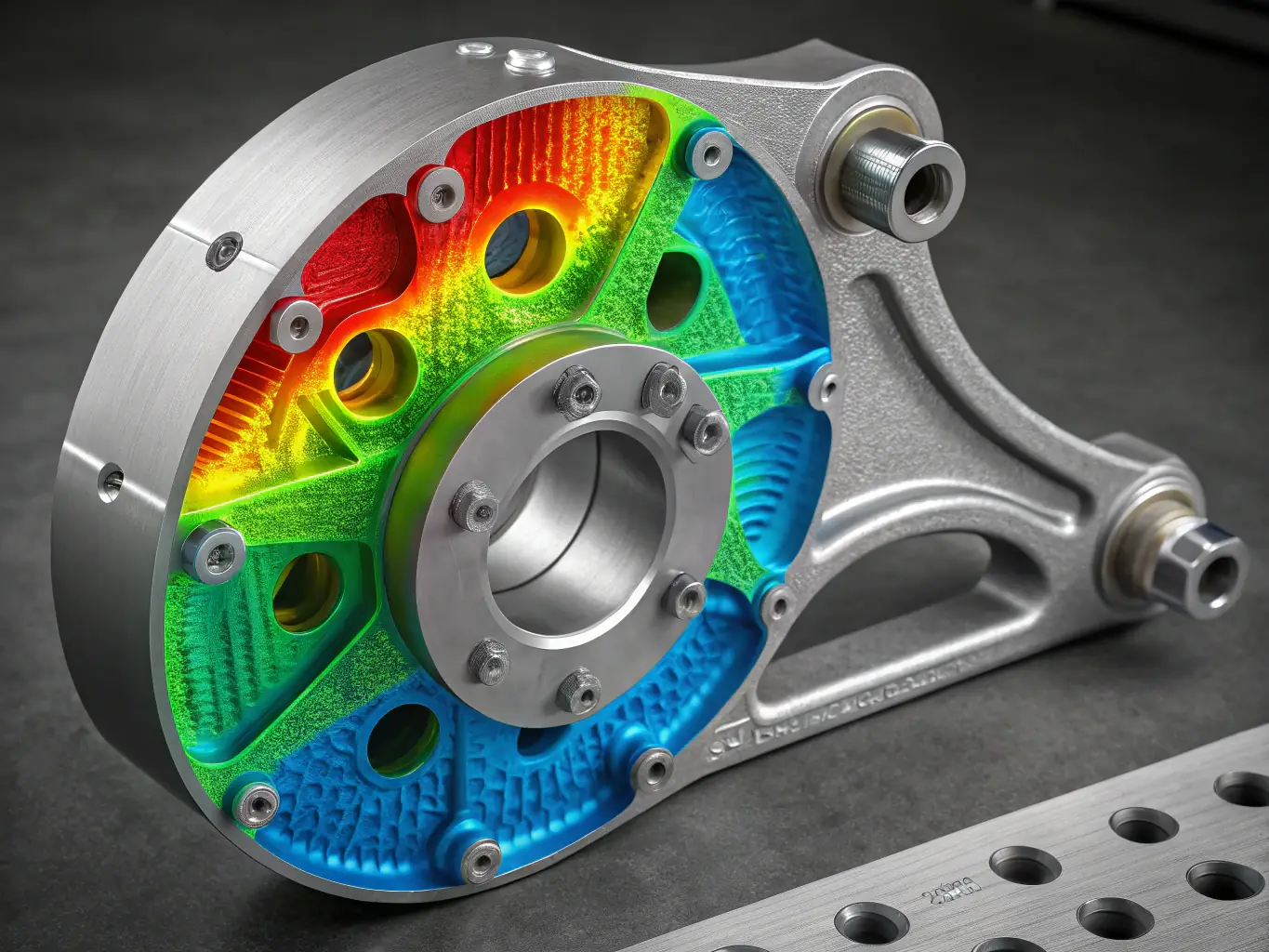 A detailed CAD model of a composite structure undergoing stress analysis, highlighting areas of high stress concentration with color gradients.